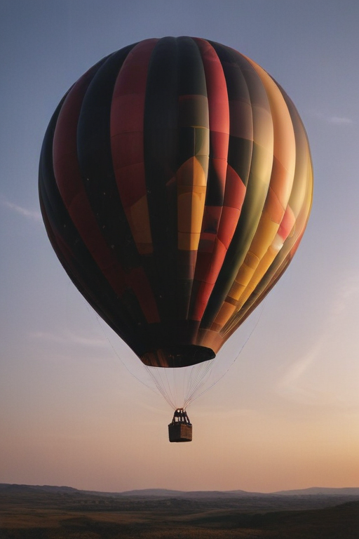 Colorful Hot Air Balloon Gliding Gracefully Over Serene Landscape at Sunset