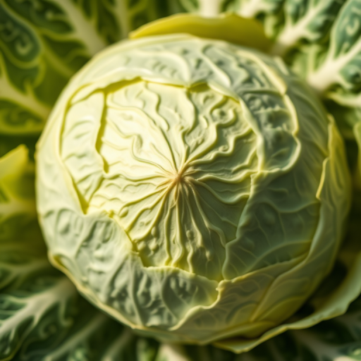 create a detailed and realistic illustration of a cabbage with intricate leaf textures under natural lighting, captured with a Canon EOS R5 at f/8, ISO 100, and 1/125 sec, using a macro lens from a top-down perspective to highlight the layers and patterns of the cabbage leaves
