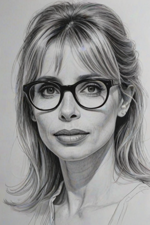 Fascinating Rosanna Arquette, pencil sketch, portrait of Captivating woman 1959s in glasses, hair style beatnik, outline, clear lines, fine lines, 8k