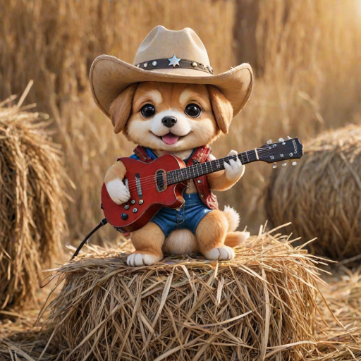 A chibi dog, dressed as a cowboy, playing guitar, sitting on a hay bale