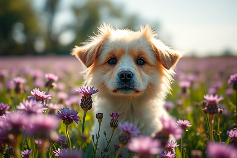 Cinematic close-up of a fluffy dog in a field of purple flowers, sunny day, 50mm lens, f/2.8, ISO 200, natural light, shallow depth of field, DSLR camera.