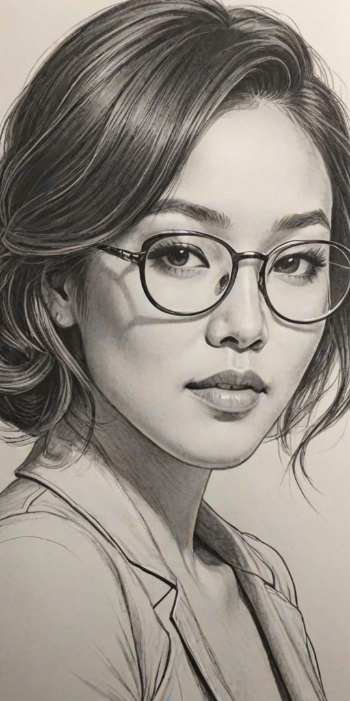 Elegant Ally Maki, pencil sketch, portrait of Ravishing woman 1925s in glasses, hair style beatnik, outline, clear lines, fine lines, 8k
