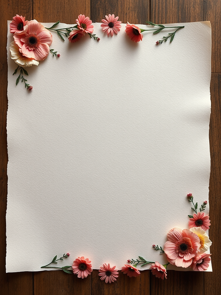 Floral border design on textured paper, soft lighting, 50mm lens, f/2.8 aperture, ISO 100, DSLR camera, overhead view, high resolution.