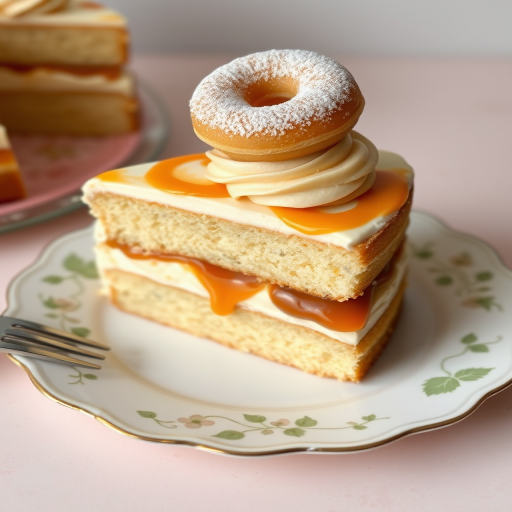 Create an image of a slice of layered cake with a caramel filling between the layers topped with swirls of frosting and a small donut on top along with a dusting of sugar on the donut placed on a decorative plate with a fork beside it against a light background.