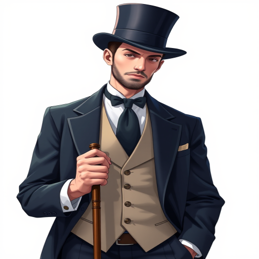 Create a high-resolution illustration of a gentleman in a formal suit with a top hat and cane, captured in a studio setting with soft diffused lighting, using a DSLR camera with a 50mm lens at f/2.8, ISO 100, and a shallow depth of field for a crisp foreground and soft background.