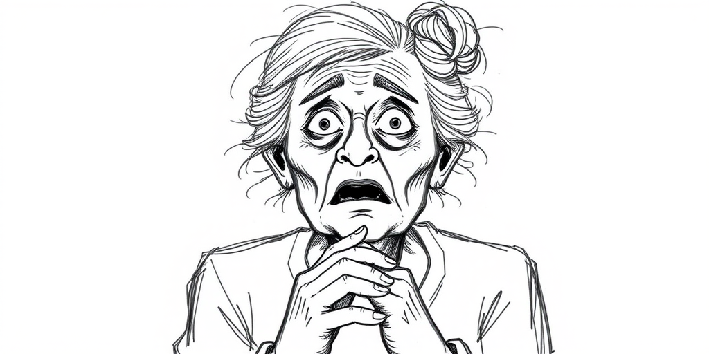 scribbly unfinished sketch, old lady with messy gray hair in a loose bun, surprised expression, mouth open, hands clasped together in front of her chest. Her eyes are wide, eyebrows are furrowed. vibe of shock or surprise.