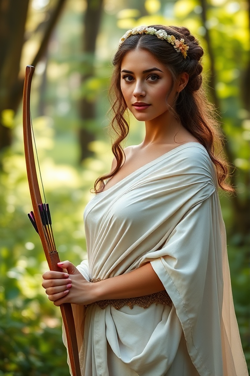 Create a portrait of a goddess-like Coptic girl figure in a tranquil, forested environment. She has an elegant appearance with long, wavy hair styled in an updo and adorned with a delicate, floral headband. She wears a flowing, ancient Greek-inspired gown in a soft, pale color, featuring a one-shoulder design and draped fabric that accentuates her graceful form. The outfit includes a decorative belt with ornate gold detailing, and she holds a bow in her hand, with a quiver of arrows slung over her shoulder. The background depicts lush greenery, with sunlight filtering through the trees, casting a gentle, ethereal light on the scene. Her expression is calm and contemplative, embodying a sense of wisdom and serenity.