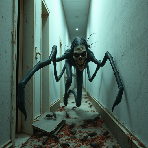 a crooked female with long arms and a creepy smile is crawling along a long white corridor and you can also see cockroaches in it there is a creepy atmosphere creepy art style