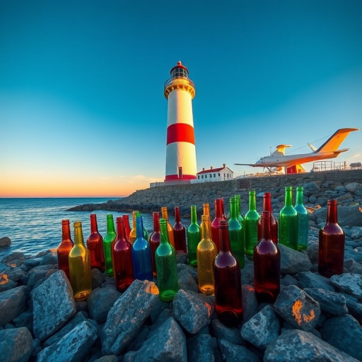 Create a vivid scene of a lighthouse standing tall on a rocky shore with colorful glass bottles surrounding it in the water, golden hour lighting, wide-angle view, DSLR camera, f/8 aperture, ISO 100, 1/125 sec shutter speed, vivid colors and high contrast.