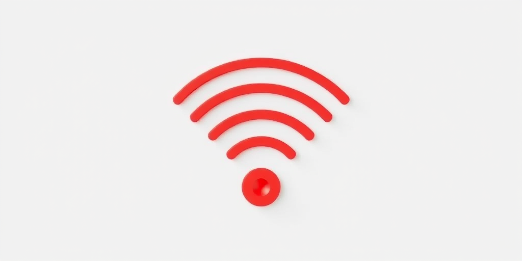 Generate a high-resolution image of a red Wi-Fi signal icon with a clean background, use a Canon EOS R5 camera, aperture set to f/8, shutter speed at 1/250s, ISO 100, shot from a straight-on perspective with a minimalistic design style.