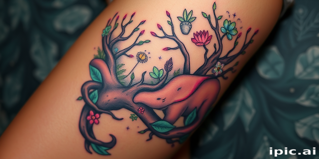 Whimsical body tattoo depicting a enchanted forest scene wrapping around the thigh, featuring mystical creatures and bioluminescent flora in dreamy pastel hues