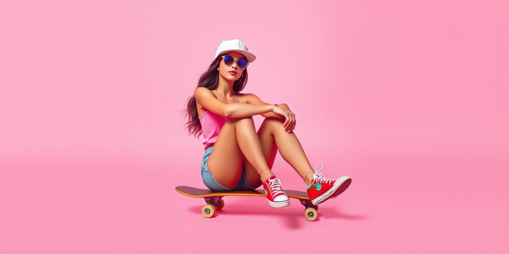 Create a vibrant digital illustration of a stylish female skateboarder sitting on a skateboard against a soft pink backdrop, captured with a wide-angle lens, f/2.8 aperture, ISO 100, 24mm focal length, emphasizing bright colors and smooth gradients for a modern look.