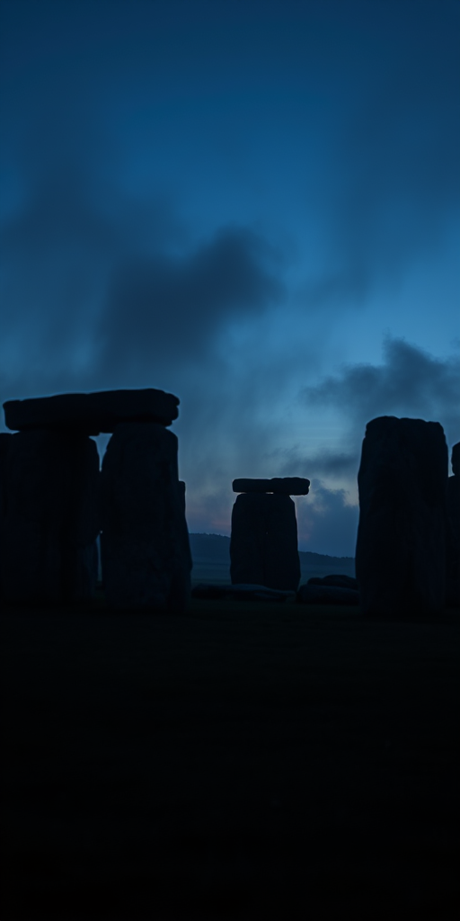 Create a high-resolution image of Stonehenge at twilight with a misty atmosphere, using a wide-angle lens, 24mm focal length, aperture f/8, ISO 200, and a slow shutter speed of 1 second for a slightly blurred effect, shot from a low angle to emphasize the stones against a dark, smoky background.