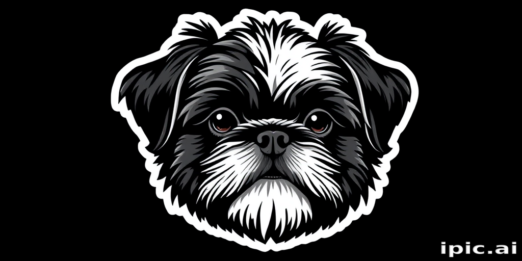 sticker, 3D black and white shih tzu, black background