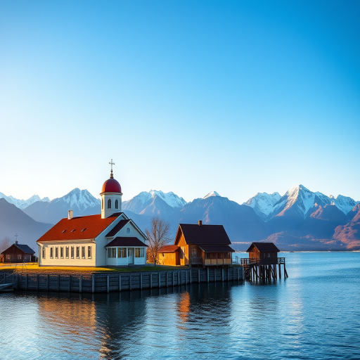 Capture a serene landscape of a lakefront building with a red domed church beside a wooden structure, set against majestic snow-capped mountains under a clear blue sky, using a DSLR camera with a 24mm lens, f/8 aperture, ISO 100, and a wide-angle view during golden hour.