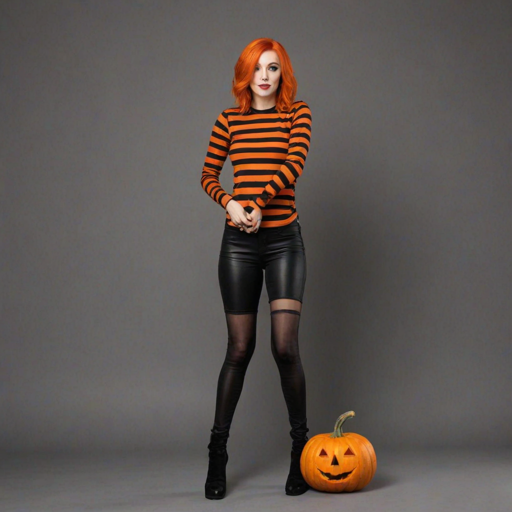 beautiful woman in orange and black Halloween colors, stripes. striking. pumpkin on shirt. I'm orange hair. full body. side shot holding pumpkin