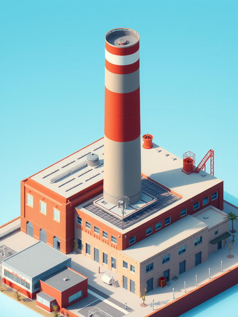Regenerate the image of a factory building with a smokestack, featuring a clean and modern design, using a wide-angle lens, aperture of f/8, ISO 200, with a focus on vibrant colors and sharp details, in a 3D isometric view.