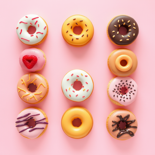 Illustrate a grid of nine colorful donuts with various toppings on a soft pastel background, using a Canon EOS R5 camera, 50mm lens, f/2.8 aperture, ISO 100, and soft natural lighting for enhanced clarity and vibrancy.