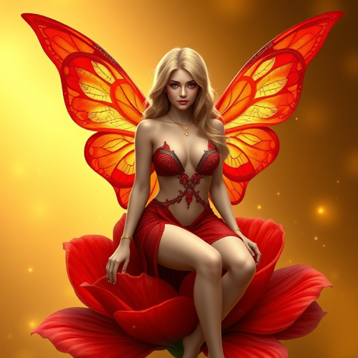 A digital artwork features a winged fairy with delicate Scarlet butterfly wings, adorned with intricate Kiwi andOrange patterns. She is seated on a vibrant Charcoal flower, wearing a revealing red two-piece outfit with sparkling beadwork. Her fair skin, long blonde hair, and gold jewelry add to her ethereal appearance. The background is a warm, golden gradient, creating a magical atmosphere. Small glowing orbs and sparkles surround the flower, enhancing the enchanting, highly detailed, and realistic scene.