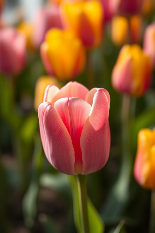 a close-up shot of a pink tulip with soft blurred backgrounds of multiple colored tulips, taken with a Canon EOS R5, 50mm f/1.2 lens, aperture f/1.2, ISO 100, natural light, shallow depth of field, focus on the tulip in the foreground