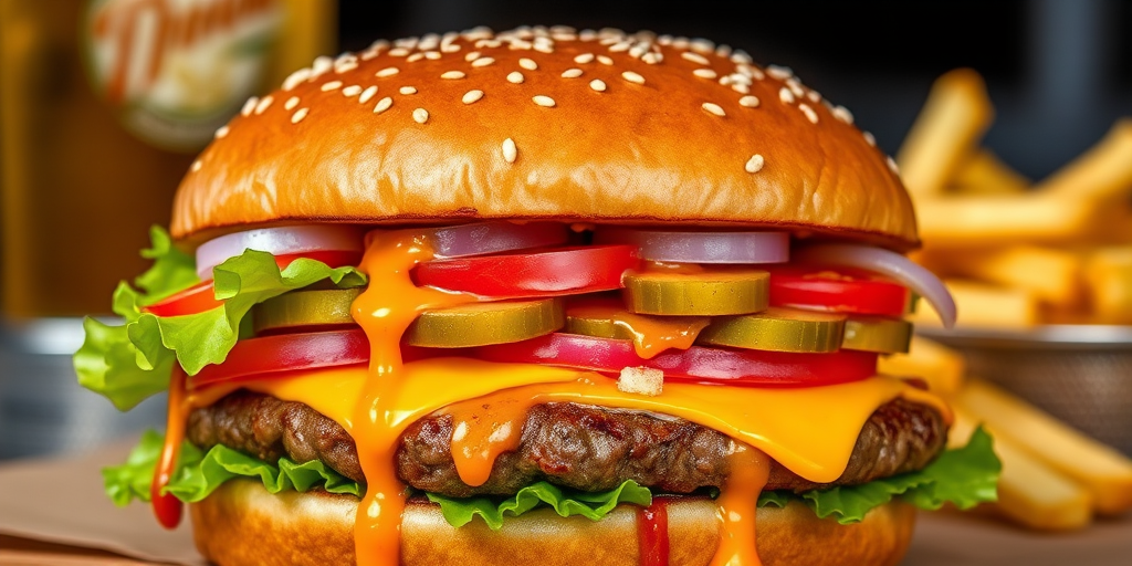 High-resolution, close-up image of a gourmet double cheeseburger. The burger features a glossy, sesame-seed-topped brioche bun. Inside, there are two thick, juicy beef patties, each topped with melted cheddar cheese. The burger is garnished with fresh lettuce, tomato slices, diced onions, and pickles. A generous amount of ketchup and a creamy, orange-colored sauce is dripping down the sides, adding to the mouth-watering appeal. In the background, there are blurred elements including a side of golden French fries and a hint of a beverage, enhancing the overall presentation of a delicious meal.