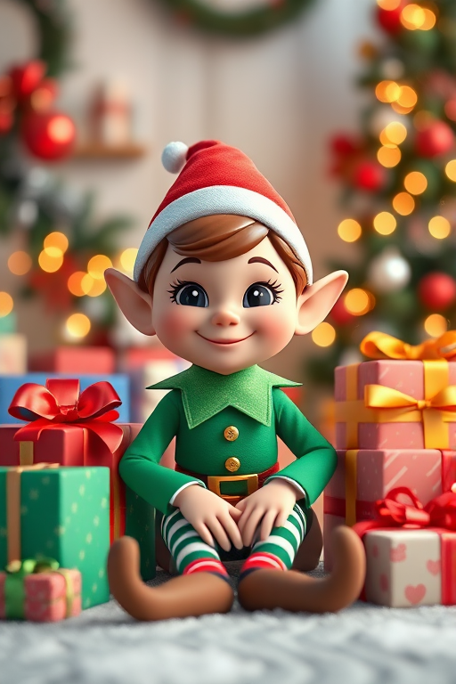 Create a high-quality 3D render of a cheerful cartoon elf sitting next to colorful Christmas presents in a cozy, festive setting with a soft focus background, using a Canon EOS R5 camera with an aperture of f/2.8, ISO 100, and a 35mm lens at eye level for a warm and inviting atmosphere.