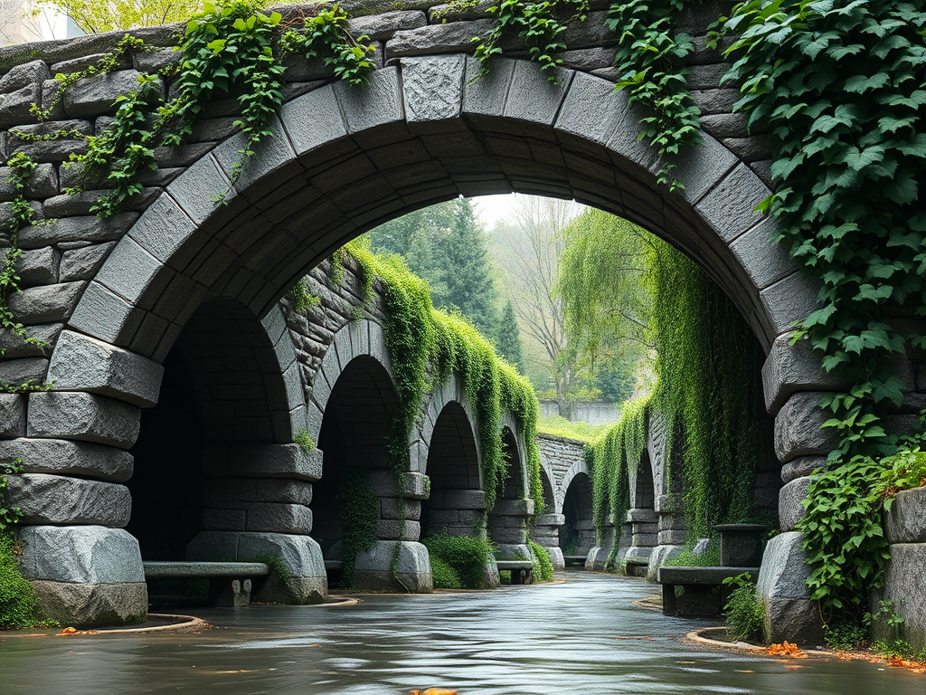 Create a highly detailed 3D rendering of a stone bridge overgrown with vines, captured from a low-angle perspective using a professional DSLR camera with a 50mm lens, f/1.8 aperture, 100 ISO, and soft natural lighting to enhance texture and depth.