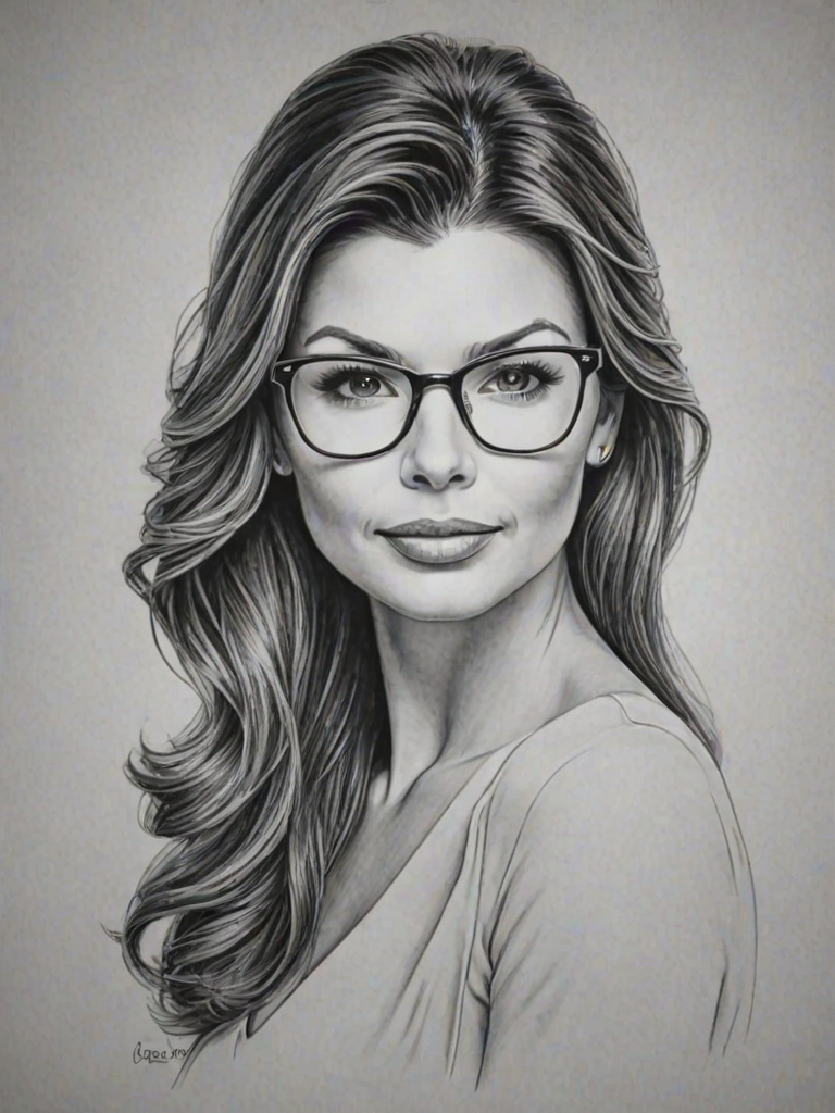 Gorgeous Ali Landry, pencil sketch, portrait of Pleasing woman 1959s in glasses, hair style beatnik, outline, clear lines, fine lines, 8k