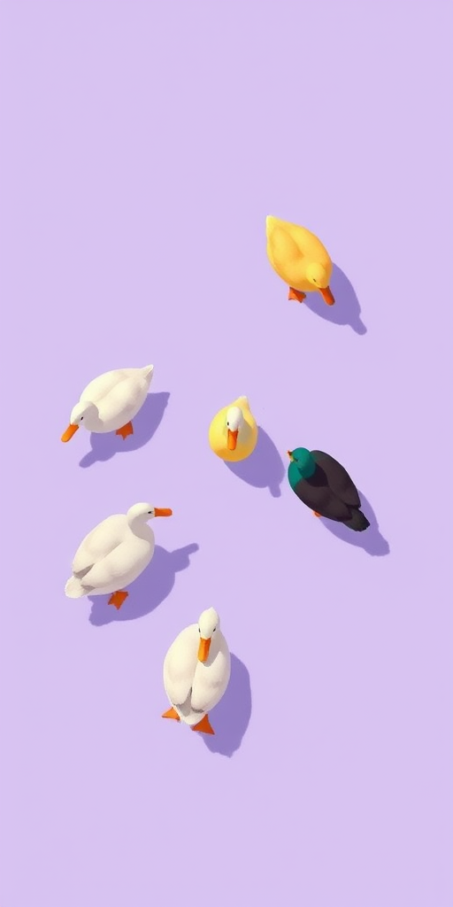 Generate an illustration of various ducks in a minimalist style, with a light purple background, using a digital painting technique, angle from above, low saturation, and soft shading for an elegant look.