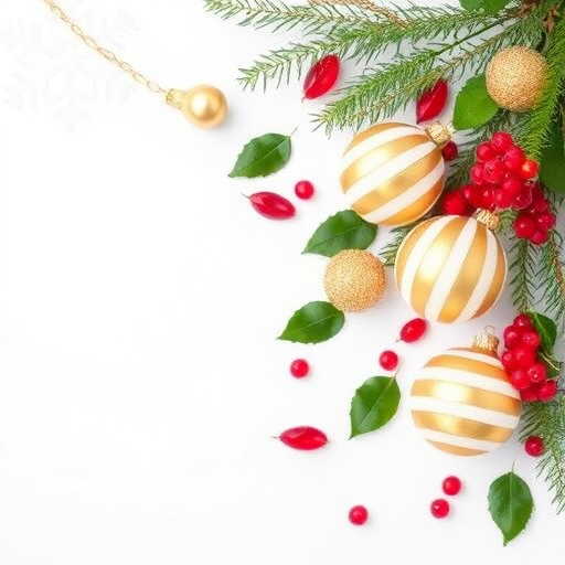 Create a festive holiday scene featuring a white background with decorative elements such as a snowflake pattern in the top left corner and an arrangement of gold and white striped Christmas ornaments along with red berries and green leaves scattered around the ornaments.