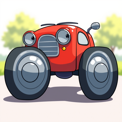 Create a high-resolution illustration of a cartoon-style red car with large circular wheels and a simple design, using a wide-angle lens, f/5.6 aperture, ISO 100, and natural lighting for enhanced color vibrancy and clarity.