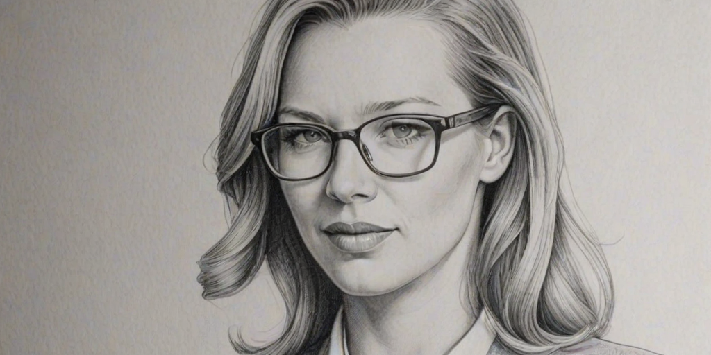 Superb Anna Torv, pencil sketch, portrait of Beauteous woman 1945s in glasses, hair style beatnik, outline, clear lines, fine lines, 8k