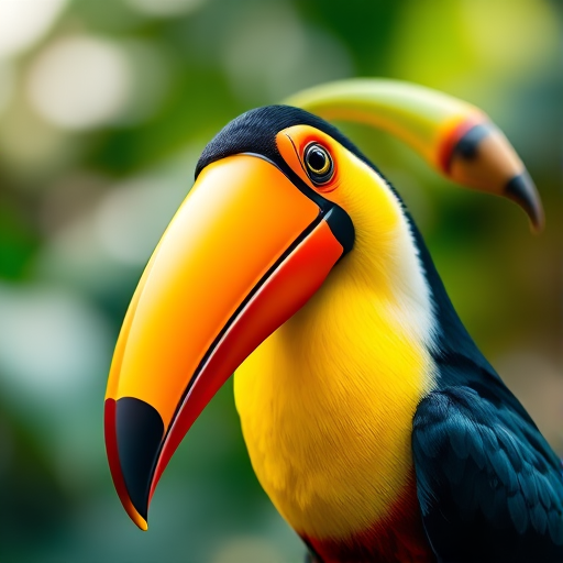 Create a high-resolution digital illustration of a toucan with vibrant colors, capturing intricate details of its feathers and beak, using a Canon EOS R5 camera, 50mm lens, aperture f/1.8, ISO 100, with soft natural lighting and a shallow depth of field for a blurred background.