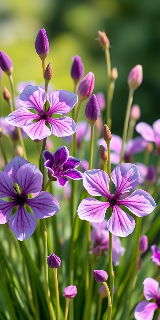 Create a high-resolution digital illustration of purple and pink flowers with green stems on a transparent background, shot with a DSLR camera at f/4 aperture, 50mm lens, ISO 100, with soft natural lighting and a focus on vibrant colors and fine details.