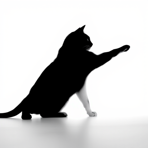 Generate a high-resolution image of a minimalist black silhouette of a cat stretching on a white background, using a DSLR camera set to f/2.8 aperture, ISO 100, 1/200 sec shutter speed, shot from a low angle with a wide-angle lens for depth and clarity.