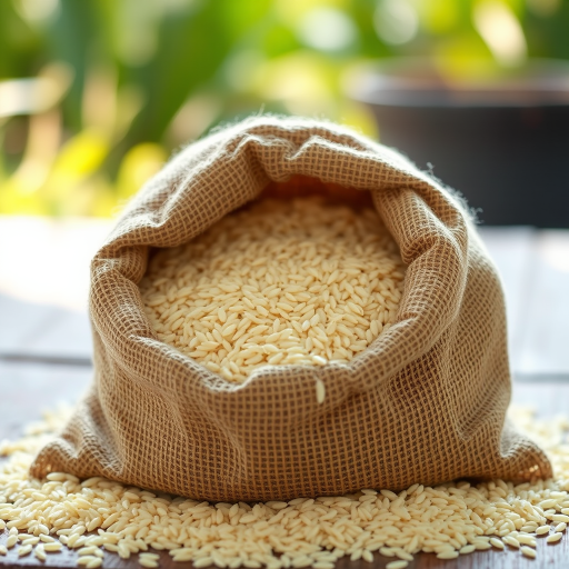 Create a high-resolution image of a burlap sack overflowing with rice, using a shallow depth of field, illuminated with soft natural light, captured from a slightly elevated angle, using a DSLR camera with a 50mm lens at f/2.8, ISO 100, and a shutter speed of 1/200s.