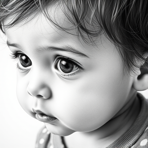 A hyperdetailed photorealistic black and white sketch of a beautiful toddler with deep black eyes, with a macro focus