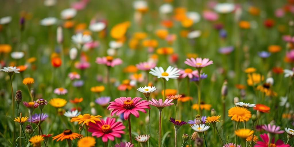 vivid wildflower meadow with a diverse array of colorful flowers in full bloom, captured with a DSLR camera, 50mm lens, f/2.8 aperture, ISO 200, shallow depth of field, natural lighting, vibrant colors, soft focus background