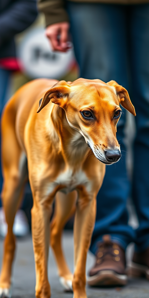 A golden greyhound standing next to a person, captured with a DSLR camera, 50mm lens, f/1.8 aperture, ISO 100, daylight, shallow depth of field, sharp focus on the dog, slightly blurred background.