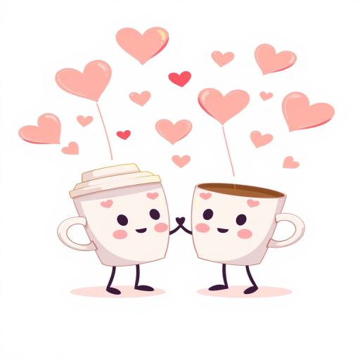 Create a playful illustration of two cartoon coffee cups holding hands amidst floating hearts, using a soft pastel color palette, with a bright white background, captured with a Canon EOS R5, 50mm lens, f/2.8 aperture, ISO 100 for sharp details and vibrant colors.