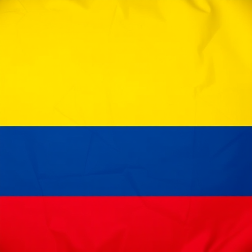 Create an image of the Colombian flag featuring horizontal stripes in yellow, blue, and red with high resolution, using a DSLR camera at ISO 100, aperture f/8, lens focal length of 50mm, shot from a straight-on view.