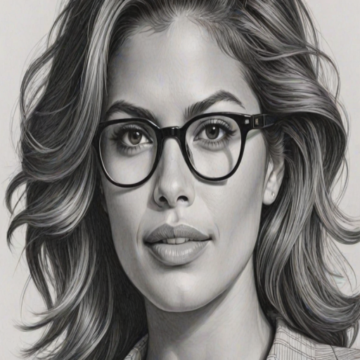 Delightful Eva Mendes, pencil sketch, portrait of Enchanting woman 1969s in glasses, hair style beatnik, outline, clear lines, fine lines, 8k