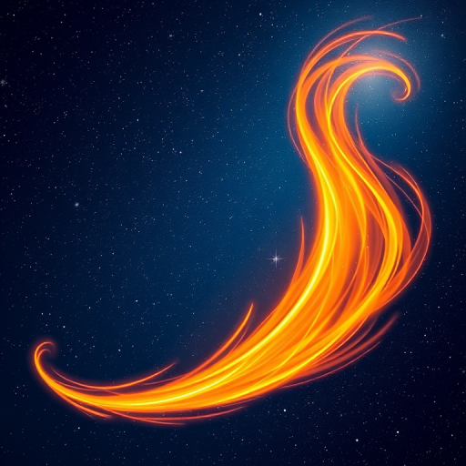 Create a vibrant digital illustration of a comet soaring through a starry night sky with a swirling tail in shades of orange and yellow, using a Canon EOS R5 with a 24-70mm f/2.8 lens, aperture set to f/4, ISO 200, and a shutter speed of 1/125 sec for crisp details and vivid colors.