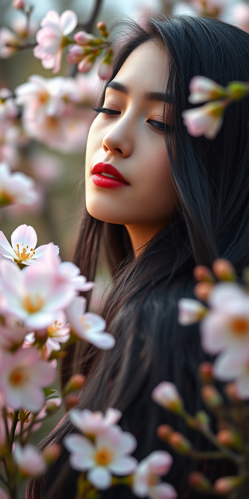 Regenerate an image of a serene woman with long black hair surrounded by blooming flowers, soft natural lighting, shallow depth of field, 85mm f/1.4 lens, shot in portrait mode with a DSLR camera for enhanced detail and quality.
