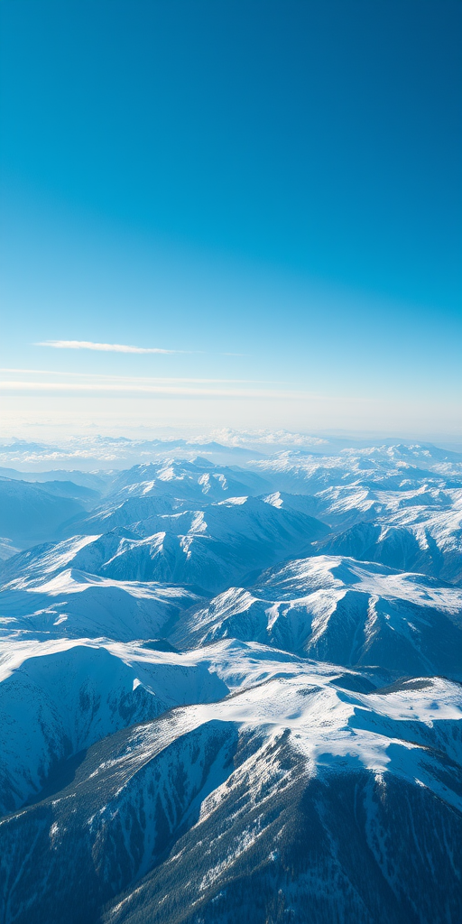 Aerial view of snow-covered mountains under a blue sky with a few clouds, captured with a DSLR camera, 24mm lens, f/11 aperture, ISO 100, and a shutter speed of 1/200 sec for enhanced clarity and depth.