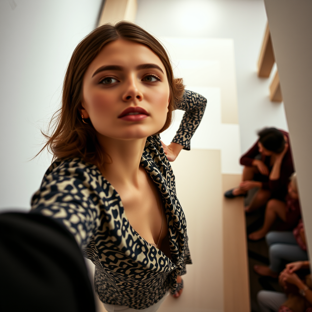 Capture the model from a high angle, emphasizing the outfit’s pattern and silhouette. Use a 35mm prime lens to maintain sharpness and minimize distortion