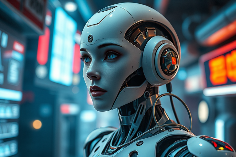 portrait of a female robot, in a cyberpunk environnement, she has a robot body