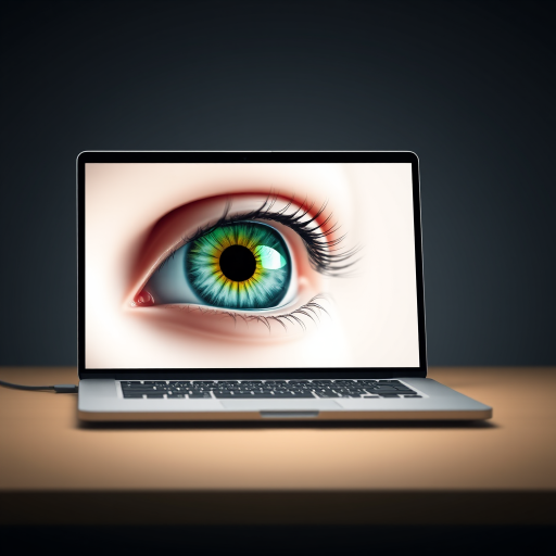 Create a high-resolution digital illustration of a laptop with a close-up of an eye on the screen, showcasing vibrant green iris detail, using a Canon EOS R5 camera with a 50mm f/1.2 lens, aperture set to f/2.8, ISO 100, and a shallow depth of field for a crisp focus on the eye and a blurred background.