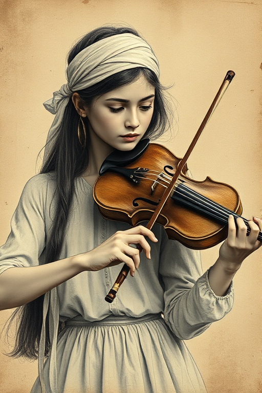 a young Romani woman with a white headband playing a violin, in the style of a charcoal drawing, sepia grunge background
