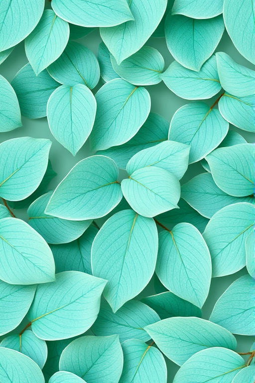 Generate a seamless leaf pattern design with soft teal leaves on a light mint background, using a macro lens, f/2.8 aperture, ISO 100, 24mm focal length, natural lighting for vibrant color and detail.